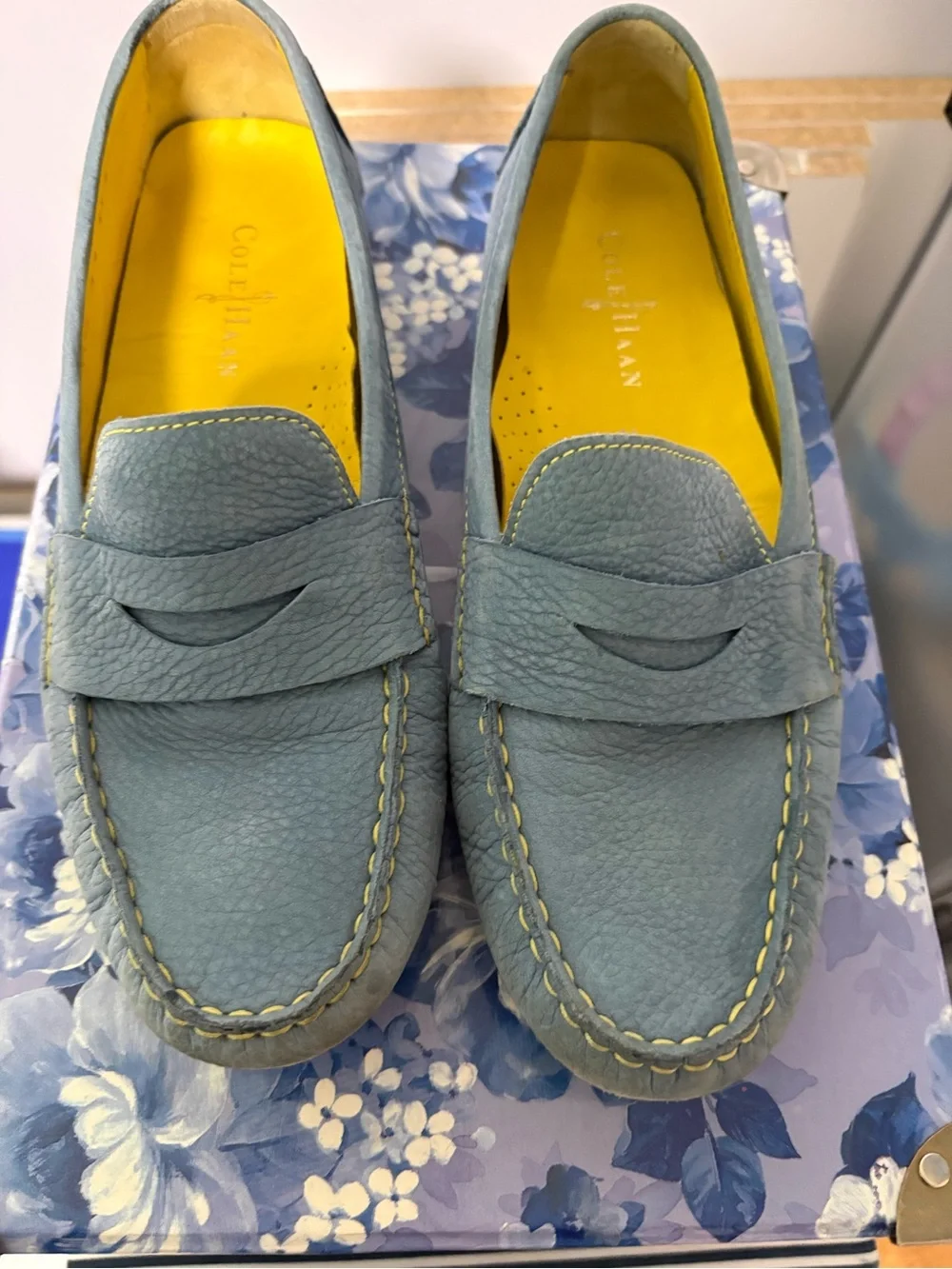 Cole Haan Teal Blue Leather Penny Loafers with Yellow Insole